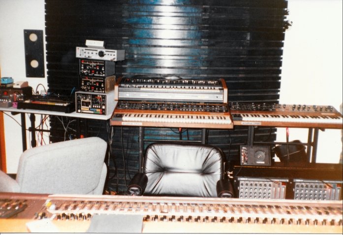 Greg Hawkes’s Jupiter-4, atop the Prophet-5 in the center, at The Cars’ Syncro Sound Studio, during the Shake It Up sessions, 1981. (Photo courtesy of Greg Hawkes)